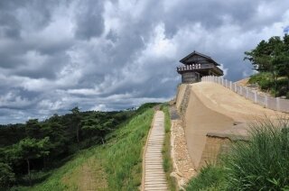 Old-style mountain fortress Ki-no-jo in Okayama Prefecture
